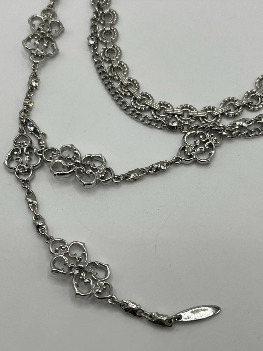 Express Y Drop Rhinestone Layered Statement Silver Tone 16”-20” - Picture 5 of 8
